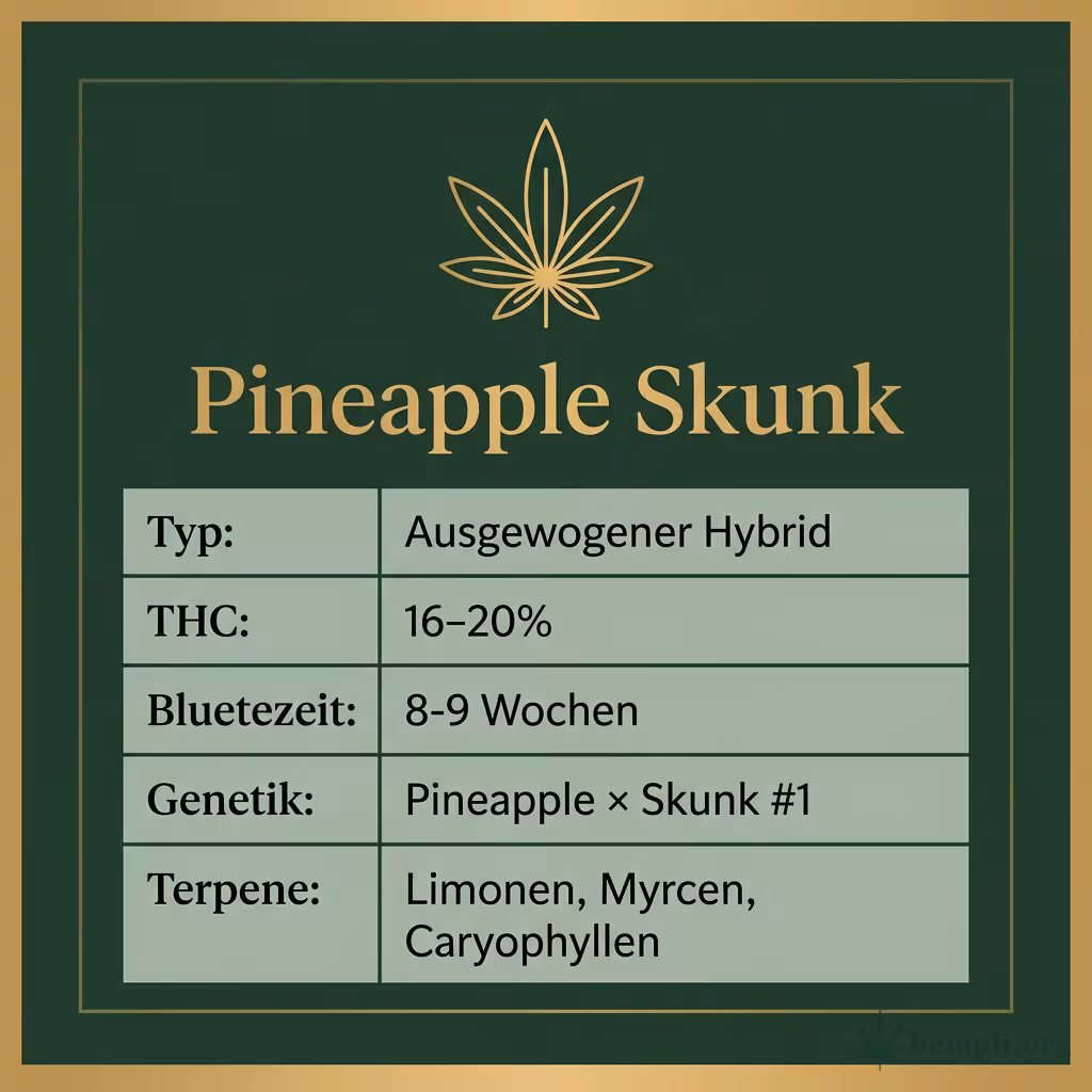 Infografik mit Pineapple Skunk Key Facts: Typ Ausgewogener Hybrid, THC 16-20%, Bluetezeit 8-9 Wochen, Genetik Pineapple × Skunk #1 und Terpene Limonen, Myrcen, Caryophyllen