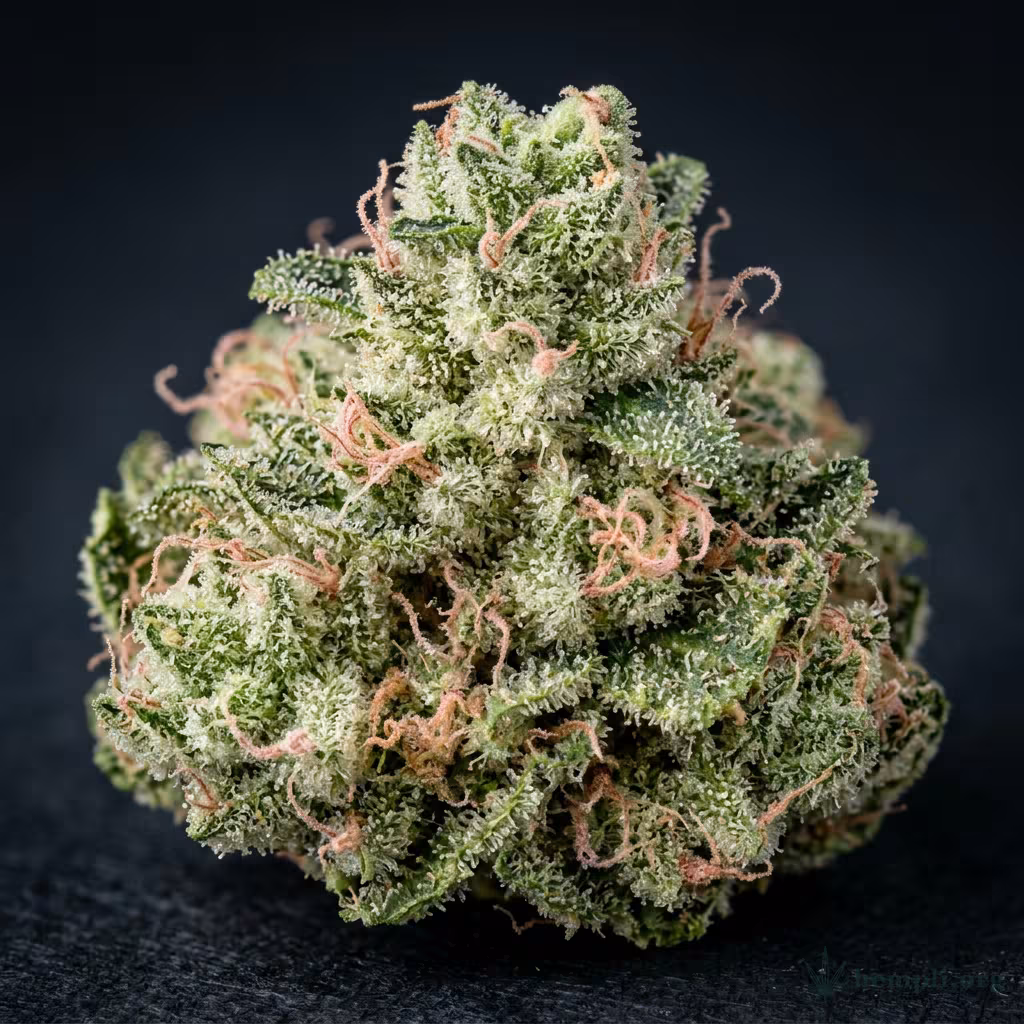Nahaufnahme einer dichten, harzigen Pink-Kush-Blüte mit rosa-orangefarbenen Blütenstempeln und vielen Trichomen