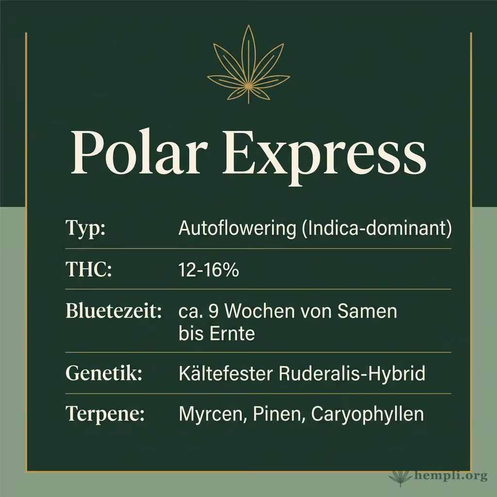 Infografik mit Polar Express Key Facts: Typ Autoflowering (Indica-dominant), THC 12-16%, Bluetezeit ca. 9 Wochen von Samen bis Ernte, Genetik Kältefester Ruderalis-Hybrid und Terpene Myrcen, Pinen, Caryophyllen