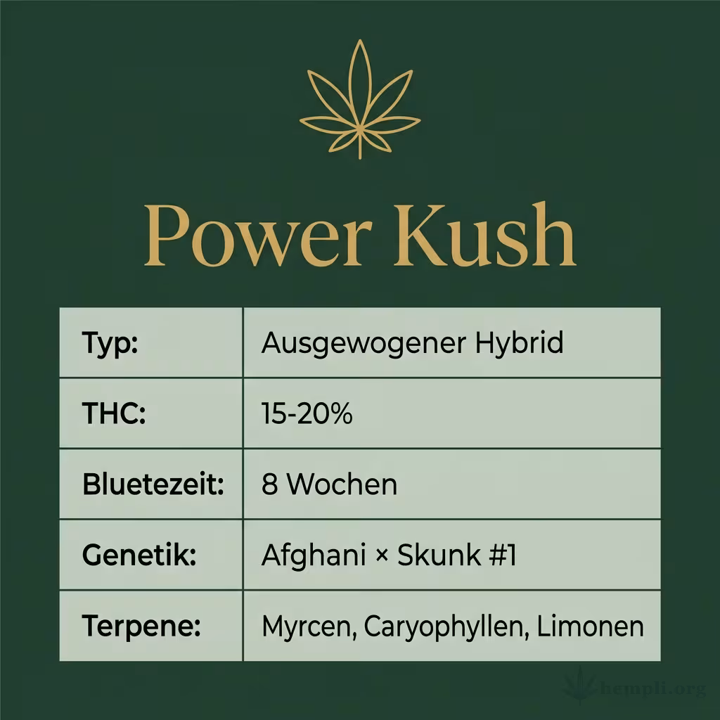 Infografik mit Power Kush Key Facts: Typ Ausgewogener Hybrid, THC 15-20%, Bluetezeit 8 Wochen, Genetik Afghani × Skunk #1 und Terpene Myrcen, Caryophyllen, Limonen