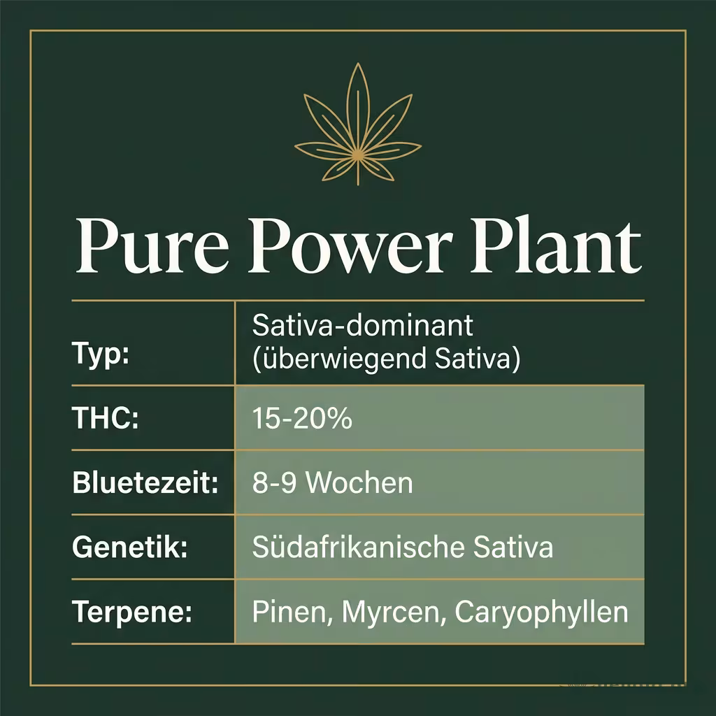 Infografik mit Pure Power Plant Key Facts: Typ Sativa-dominant (überwiegend Sativa), THC 15-20%, Bluetezeit 8-9 Wochen, Genetik Südafrikanische Sativa und Terpene Pinen, Myrcen, Caryophyllen