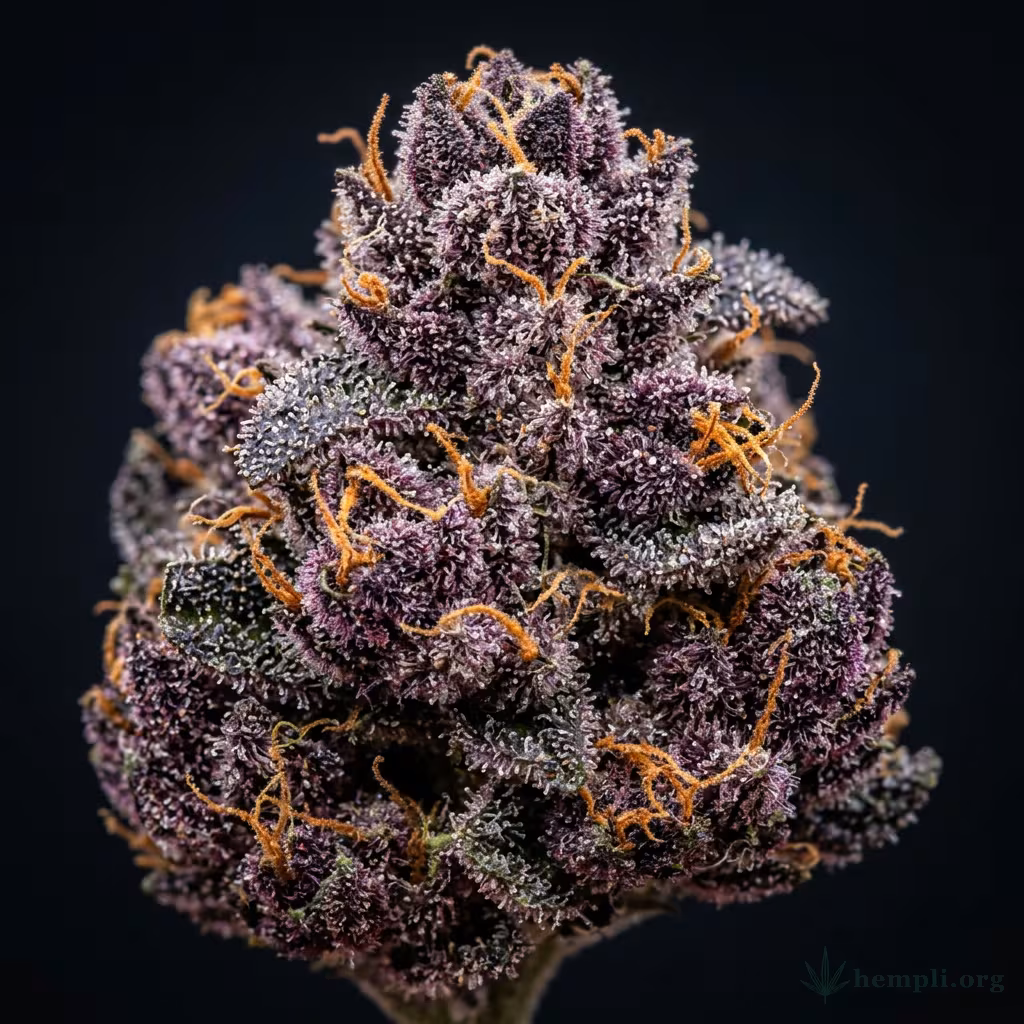Nahaufnahme einer harzigen Purple Bud-Blüte mit dichten Trichomen und orangefarbenen Blütenstempeln