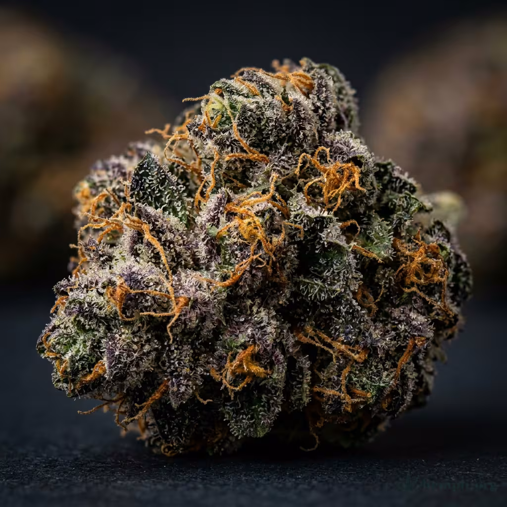 Nahaufnahme einer harzigen Purple Chem-Blüte mit dichten Trichomen und orangefarbenen Blütenstempeln