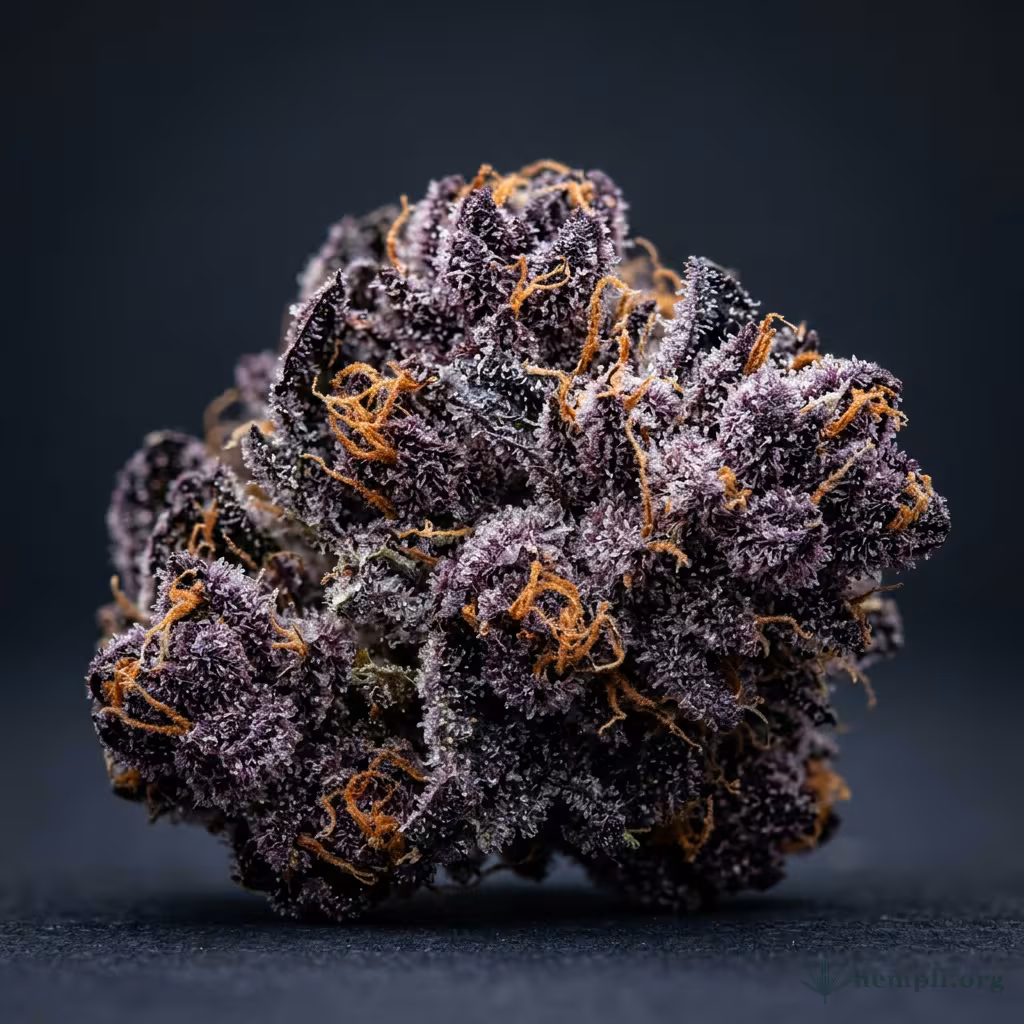 Nahaufnahme einer dichten, tief violetten Purple-Kush-Blüte mit harzigen Trichomen und orangefarbenen Blütenstempeln