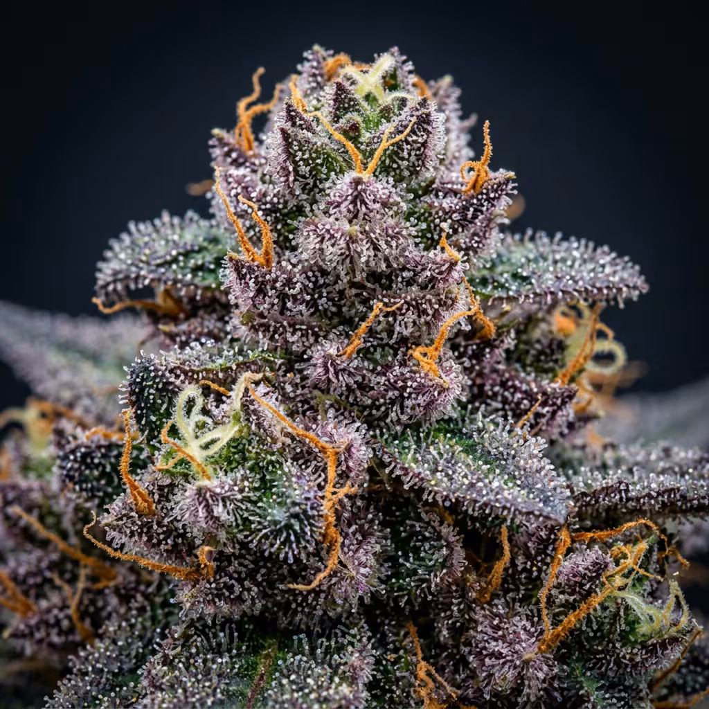 Nahaufnahme einer dichten, violett-grünen Purple-Punch-Blüte mit harzigen Trichomen und orangefarbenen Blütenstempeln