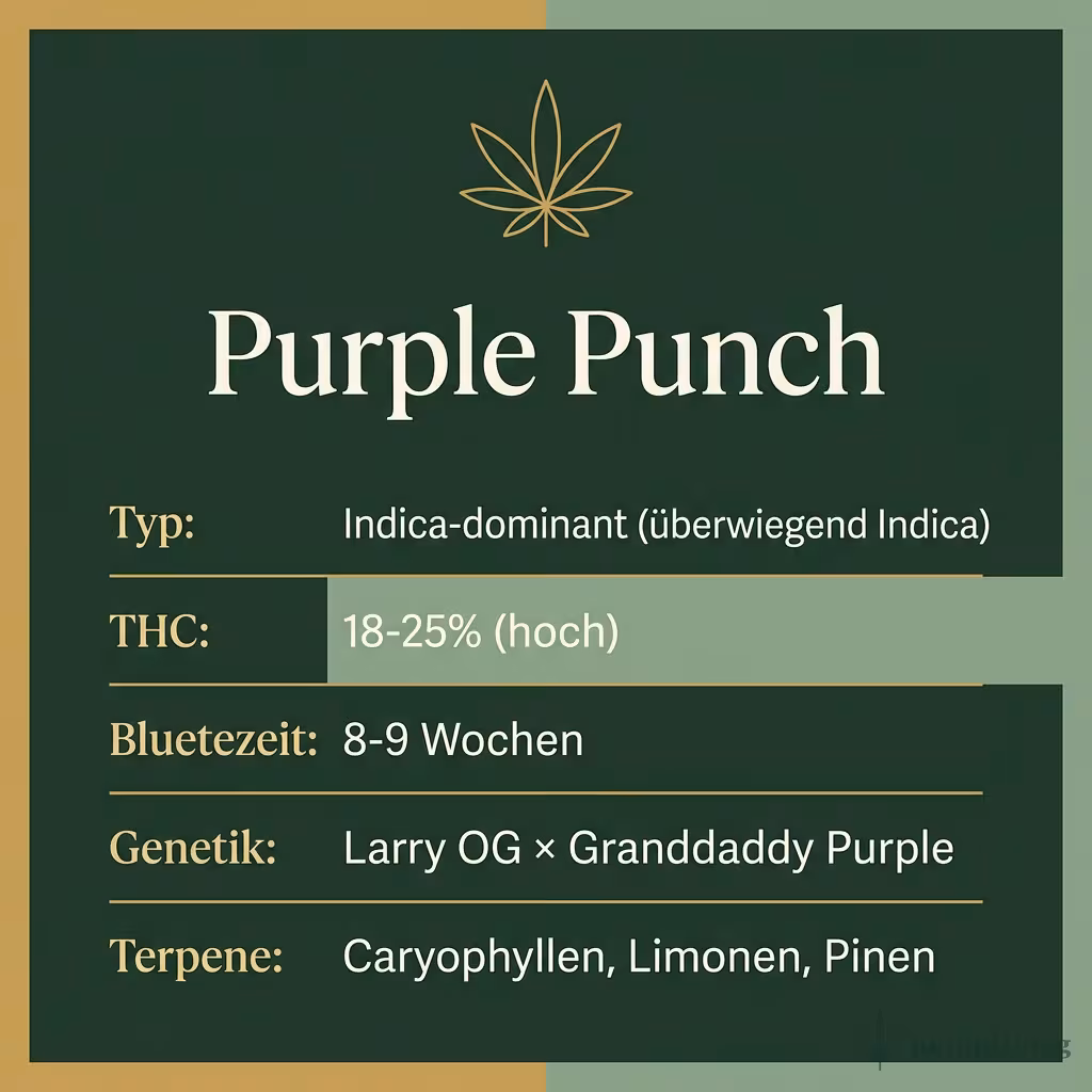 Infografik mit Purple-Punch Key Facts: Typ Indica-dominant, THC 18-25%, Bluetezeit 8-9 Wochen, Genetik Larry OG x Granddaddy Purple und Terpene Caryophyllen, Limonen, Pinen