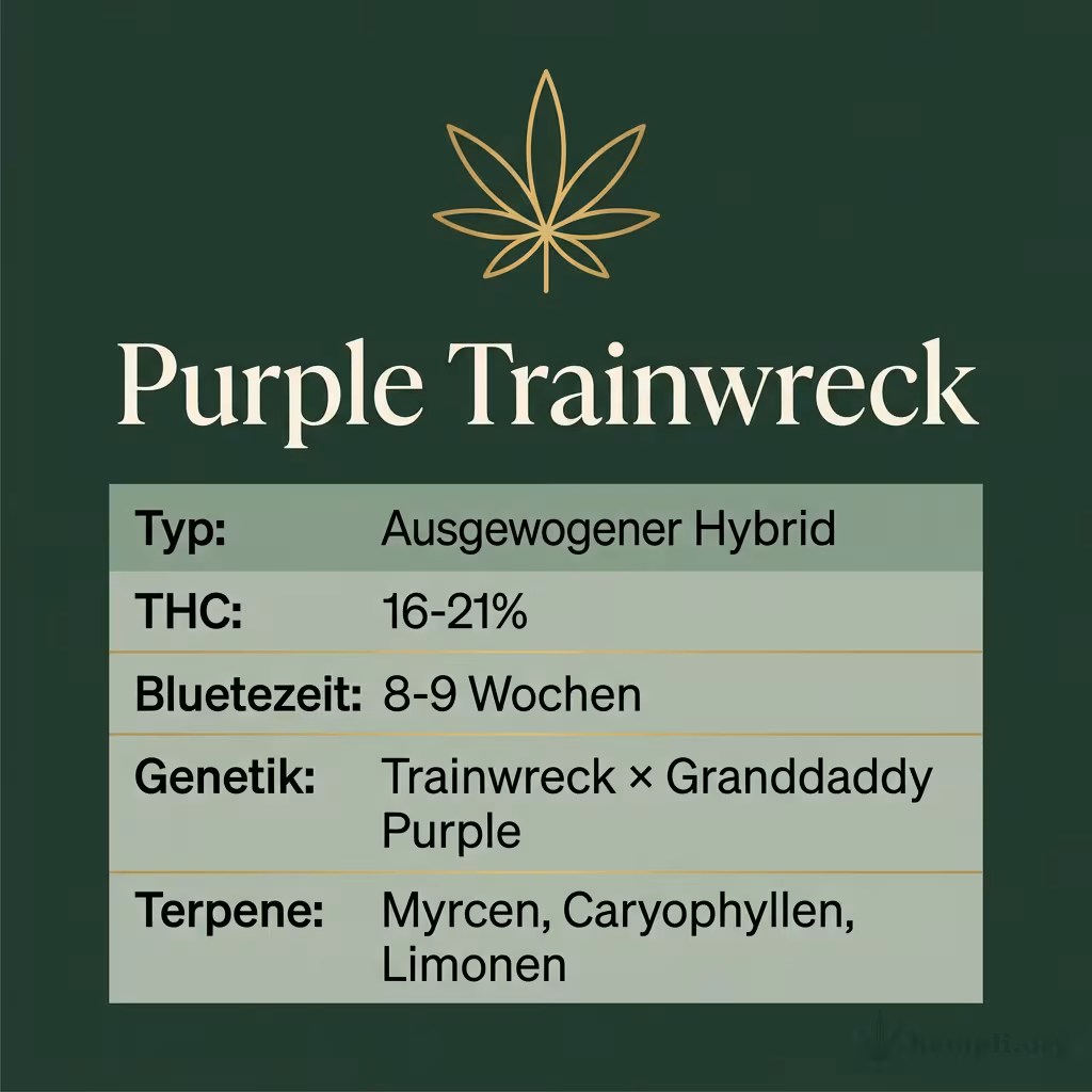 Infografik mit Purple Trainwreck Key Facts: Typ Ausgewogener Hybrid, THC 16-21%, Bluetezeit 8-9 Wochen, Genetik Trainwreck × Granddaddy Purple und Terpene Myrcen, Caryophyllen, Limonen