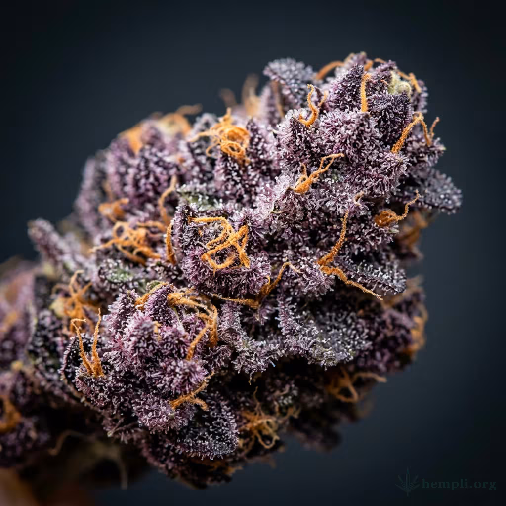 Nahaufnahme einer dichten, tief violetten Purple-Urkle-Blüte mit harzigen Trichomen und orangefarbenen Blütenstempeln