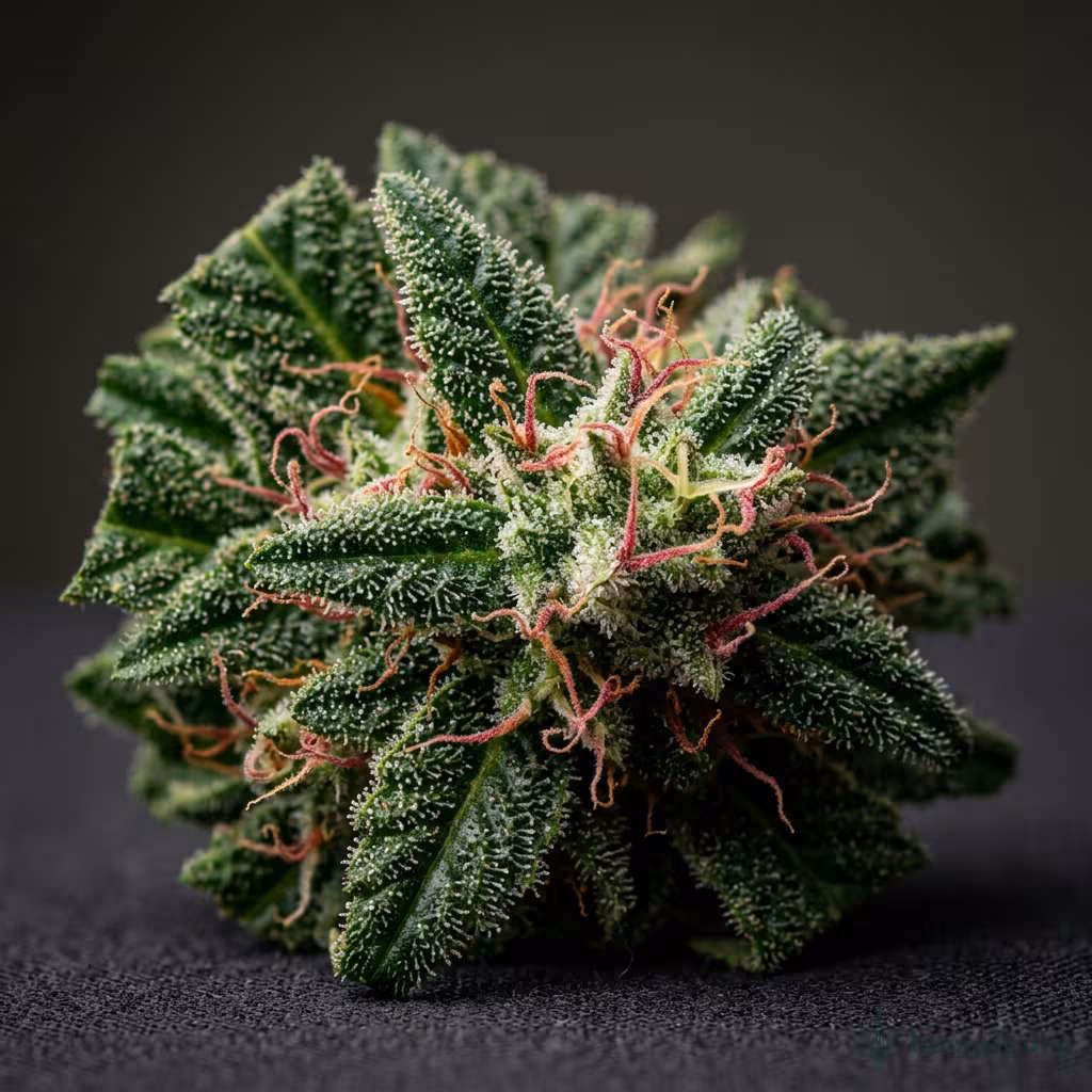 Nahaufnahme einer harzigen Red Cherry Berry-Blüte mit dichten Trichomen und orangefarbenen Blütenstempeln