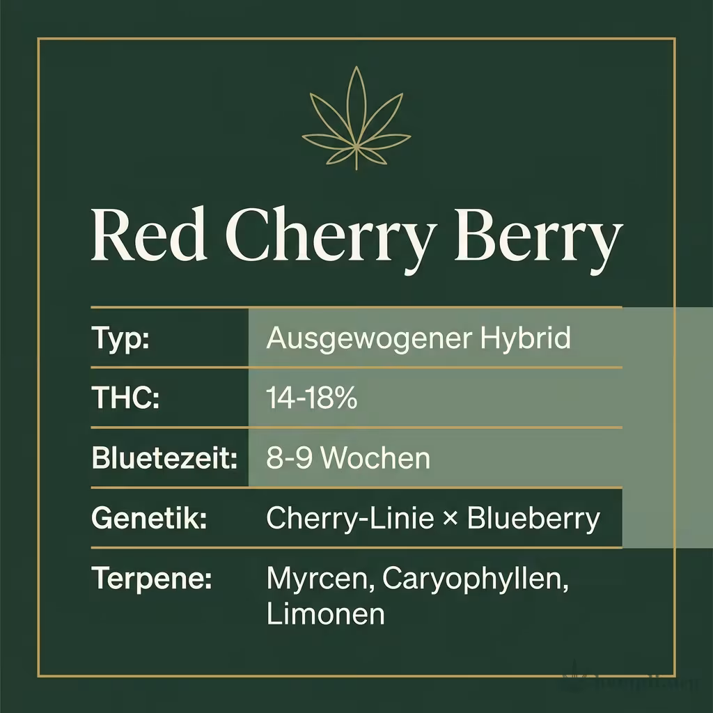 Infografik mit Red Cherry Berry Key Facts: Typ Ausgewogener Hybrid, THC 14-18%, Bluetezeit 8-9 Wochen, Genetik Cherry-Linie × Blueberry und Terpene Myrcen, Caryophyllen, Limonen