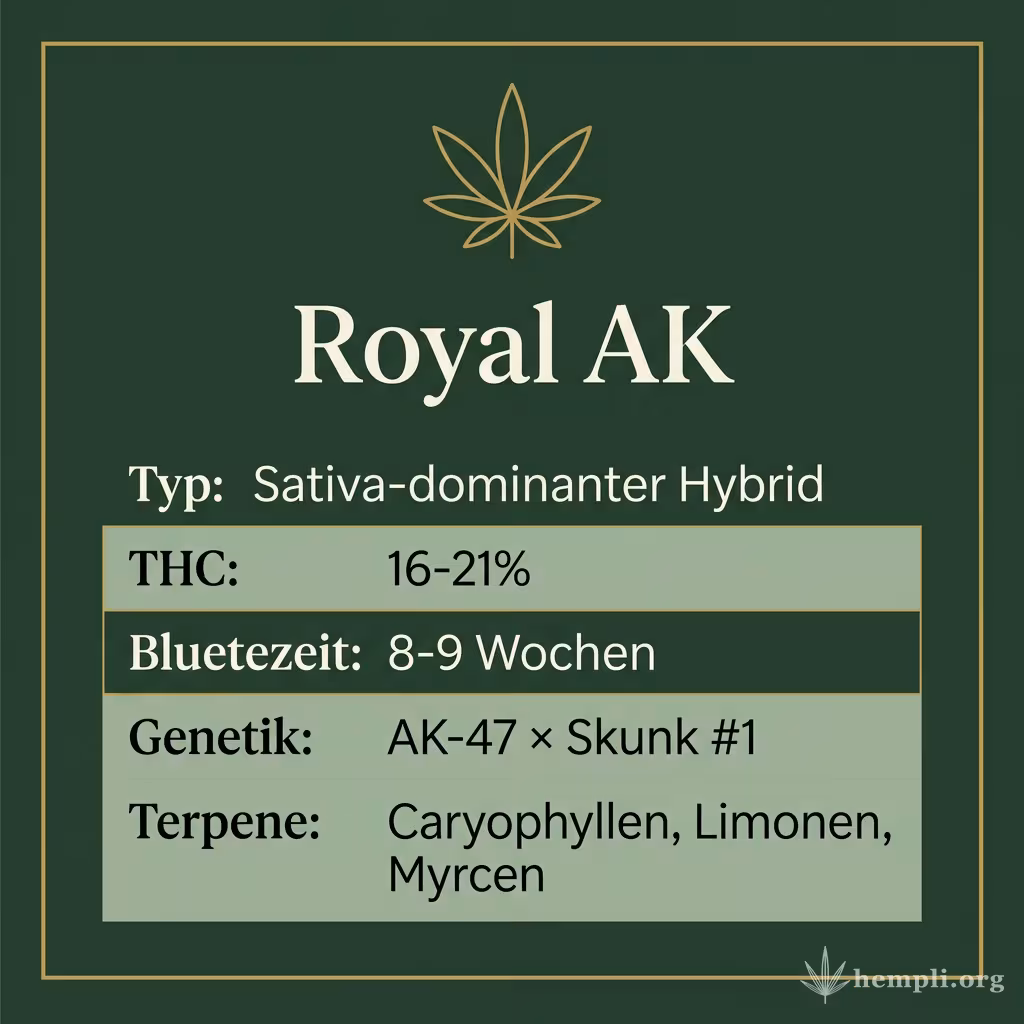 Infografik mit Royal AK Key Facts: Typ Sativa-dominanter Hybrid, THC 16-21%, Bluetezeit 8-9 Wochen, Genetik AK-47 × Skunk #1 und Terpene Caryophyllen, Limonen, Myrcen