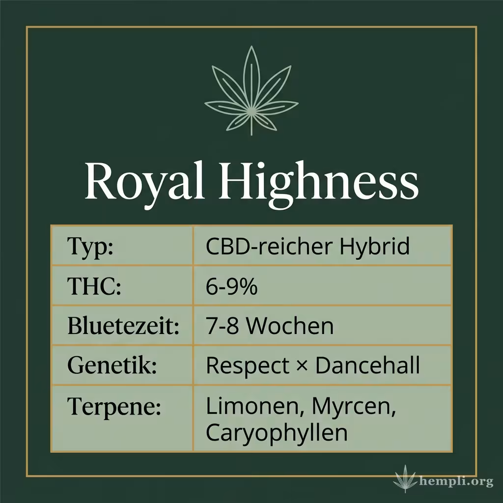 Infografik mit Royal Highness Key Facts: Typ CBD-reicher Hybrid, THC 6-9%, Bluetezeit 7-8 Wochen, Genetik Respect × Dancehall und Terpene Limonen, Myrcen, Caryophyllen