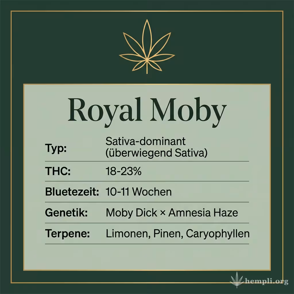 Infografik mit Royal Moby Key Facts: Typ Sativa-dominant (überwiegend Sativa), THC 18-23%, Bluetezeit 10-11 Wochen, Genetik Moby Dick × Amnesia Haze und Terpene Limonen, Pinen, Caryophyllen