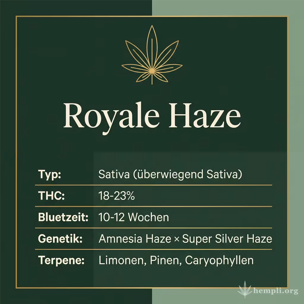 Infografik mit Royale Haze Key Facts: Typ Sativa (überwiegend Sativa), THC 18-23%, Bluetezeit 10-12 Wochen, Genetik Amnesia Haze × Super Silver Haze und Terpene Limonen, Pinen, Caryophyllen