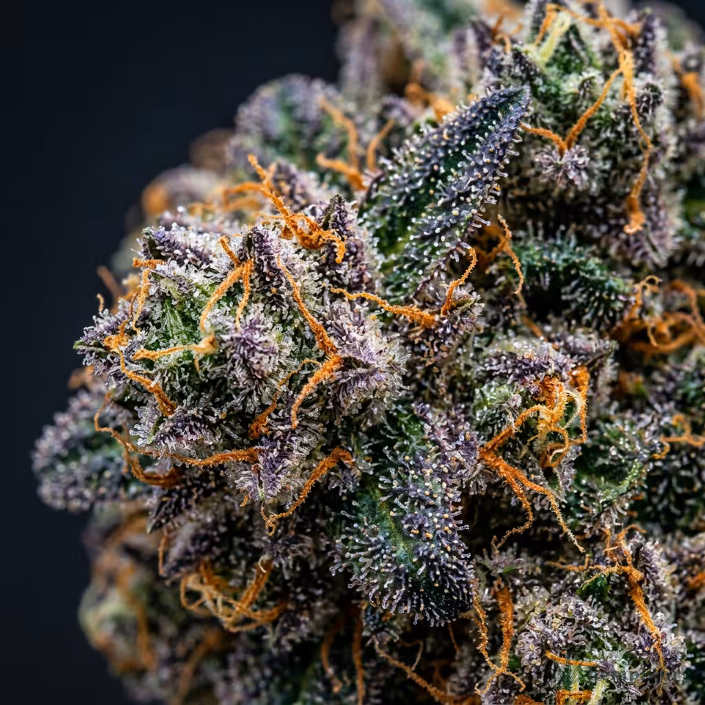 Nahaufnahme einer dichten, harzigen Runtz-Blüte mit violett-grünen Tönen, glasigen Trichomen und orangefarbenen Blütenstempeln