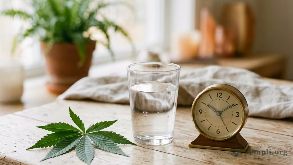 Ein Cannabisblatt neben einem Glas Wasser und einer kleinen Uhr auf neutralem Untergrund