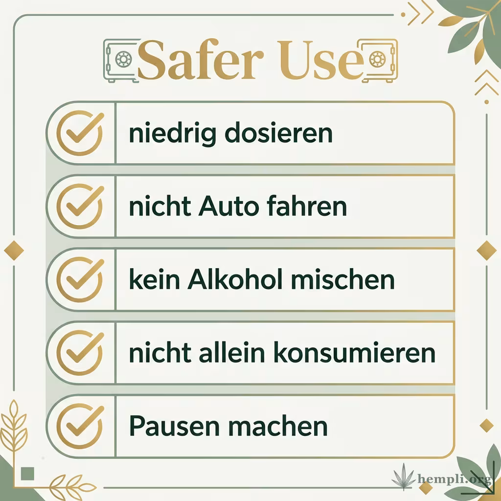 Safer-Use-Checkliste: niedrig dosieren, nicht Auto fahren, kein Alkohol mischen, nicht allein konsumieren, Pausen machen