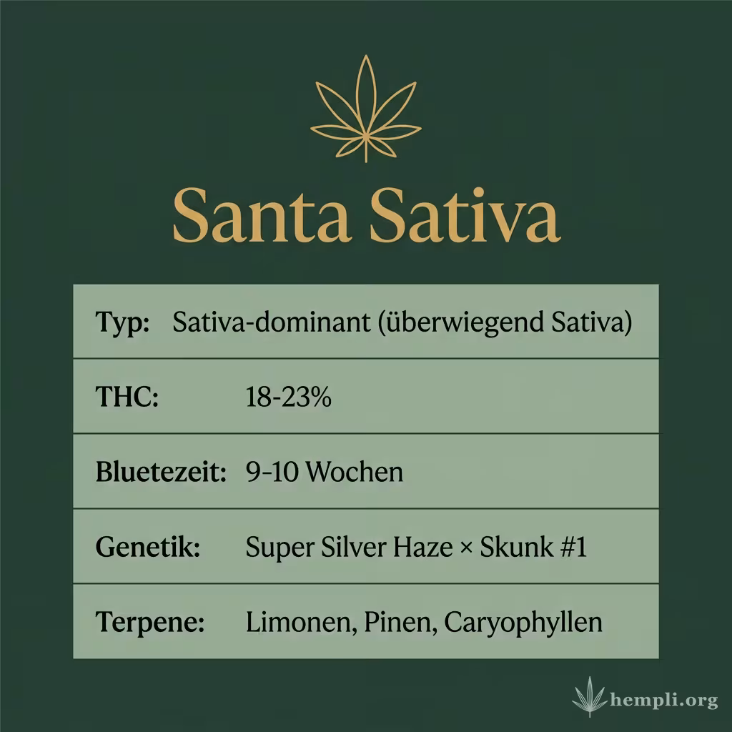 Infografik mit Santa Sativa Key Facts: Typ Sativa-dominant (überwiegend Sativa), THC 18-23%, Bluetezeit 9-10 Wochen, Genetik Super Silver Haze × Skunk #1 und Terpene Limonen, Pinen, Caryophyllen