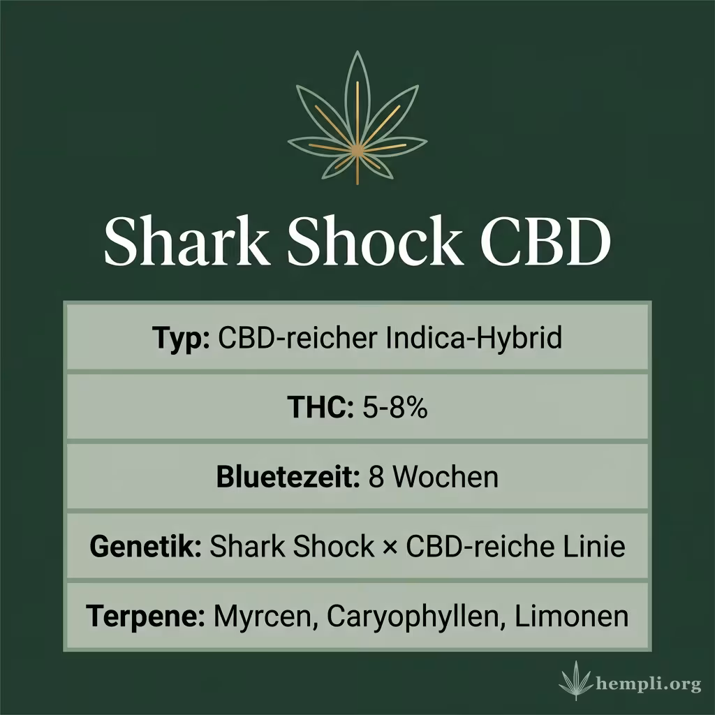 Infografik mit Shark Shock CBD Key Facts: Typ CBD-reicher Indica-Hybrid, THC 5-8%, Bluetezeit 8 Wochen, Genetik Shark Shock × CBD-reiche Linie und Terpene Myrcen, Caryophyllen, Limonen