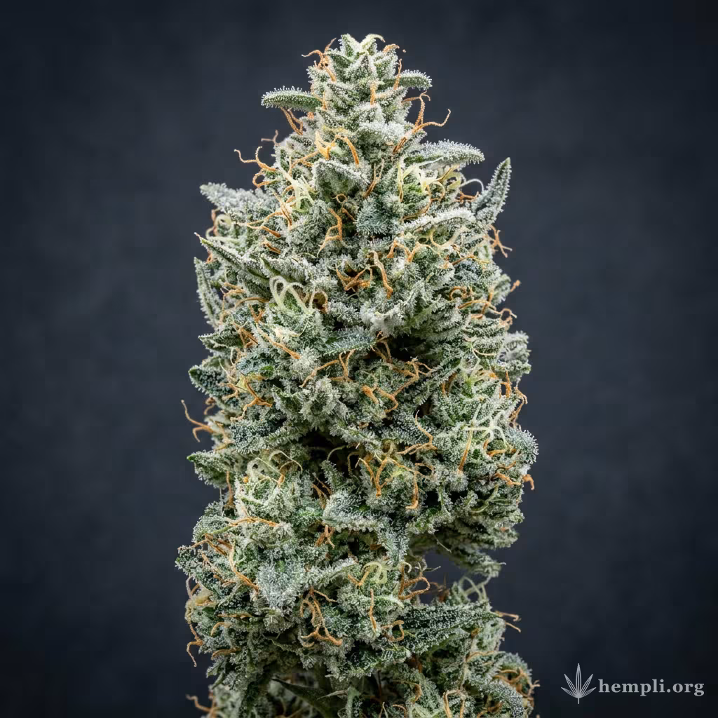 Nahaufnahme einer harzigen Shining Silver Haze-Blüte mit dichten Trichomen und orangefarbenen Blütenstempeln
