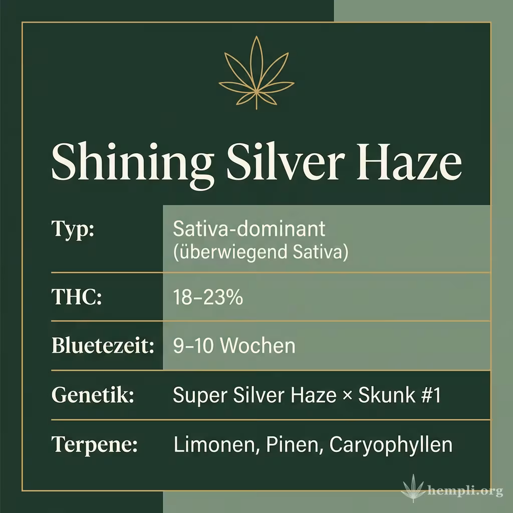 Infografik mit Shining Silver Haze Key Facts: Typ Sativa-dominant (überwiegend Sativa), THC 18-23%, Bluetezeit 9-10 Wochen, Genetik Super Silver Haze × Skunk #1 und Terpene Limonen, Pinen, Caryophyllen