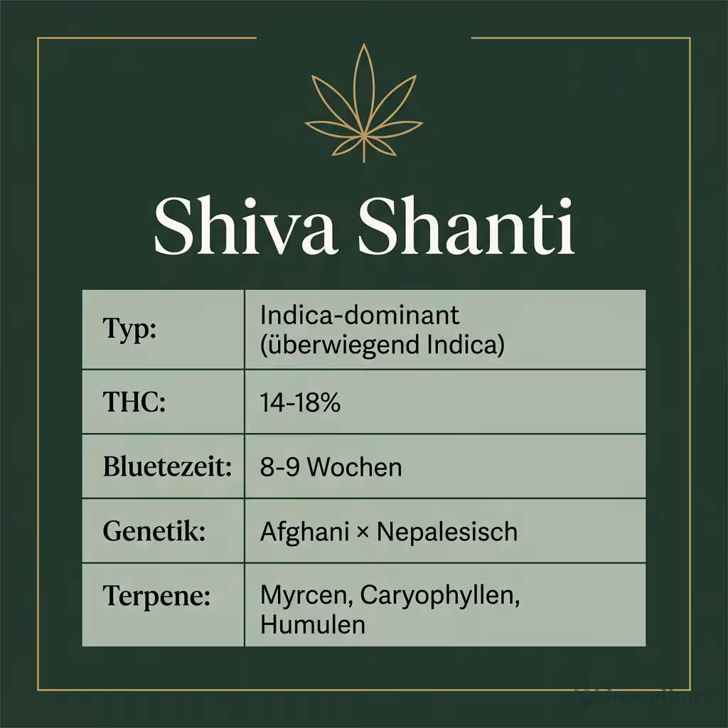 Infografik mit Shiva Shanti Key Facts: Typ Indica-dominant (überwiegend Indica), THC 14-18%, Bluetezeit 8-9 Wochen, Genetik Afghani × Nepalesisch und Terpene Myrcen, Caryophyllen, Humulen