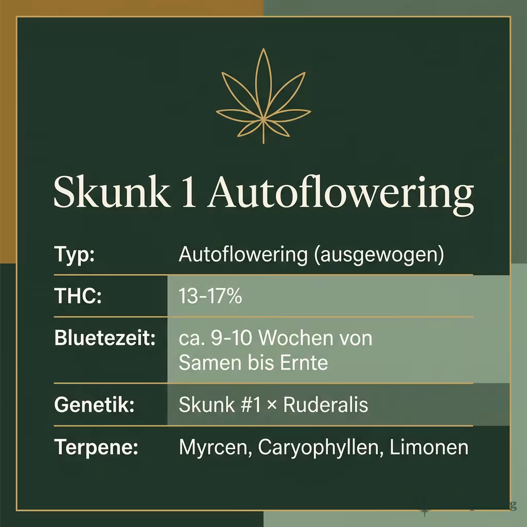 Infografik mit Skunk 1 Autoflowering Key Facts: Typ Autoflowering (ausgewogen), THC 13-17%, Bluetezeit ca. 9-10 Wochen von Samen bis Ernte, Genetik Skunk #1 × Ruderalis und Terpene Myrcen, Caryophyllen, Limonen