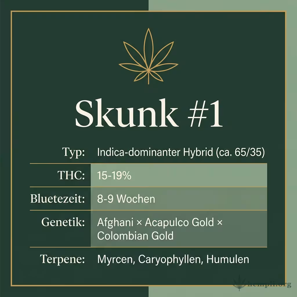 Infografik mit Skunk-1 Key Facts: Typ Indica-dominant, THC 15-19%, Bluetezeit 8-9 Wochen, Genetik Afghani x Acapulco Gold x Colombian Gold und Terpene Myrcen, Caryophyllen, Humulen