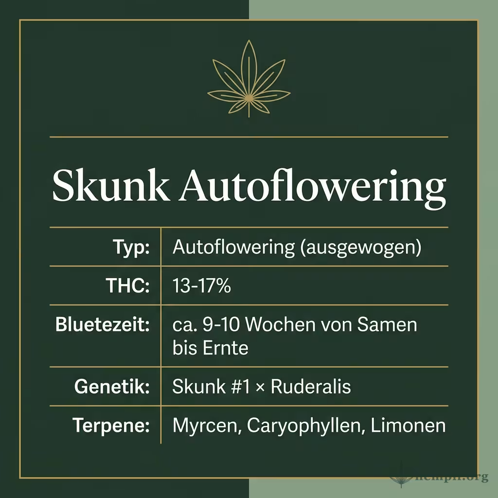 Infografik mit Skunk Autoflowering Key Facts: Typ Autoflowering (ausgewogen), THC 13-17%, Bluetezeit ca. 9-10 Wochen von Samen bis Ernte, Genetik Skunk #1 × Ruderalis und Terpene Myrcen, Caryophyllen, Limonen