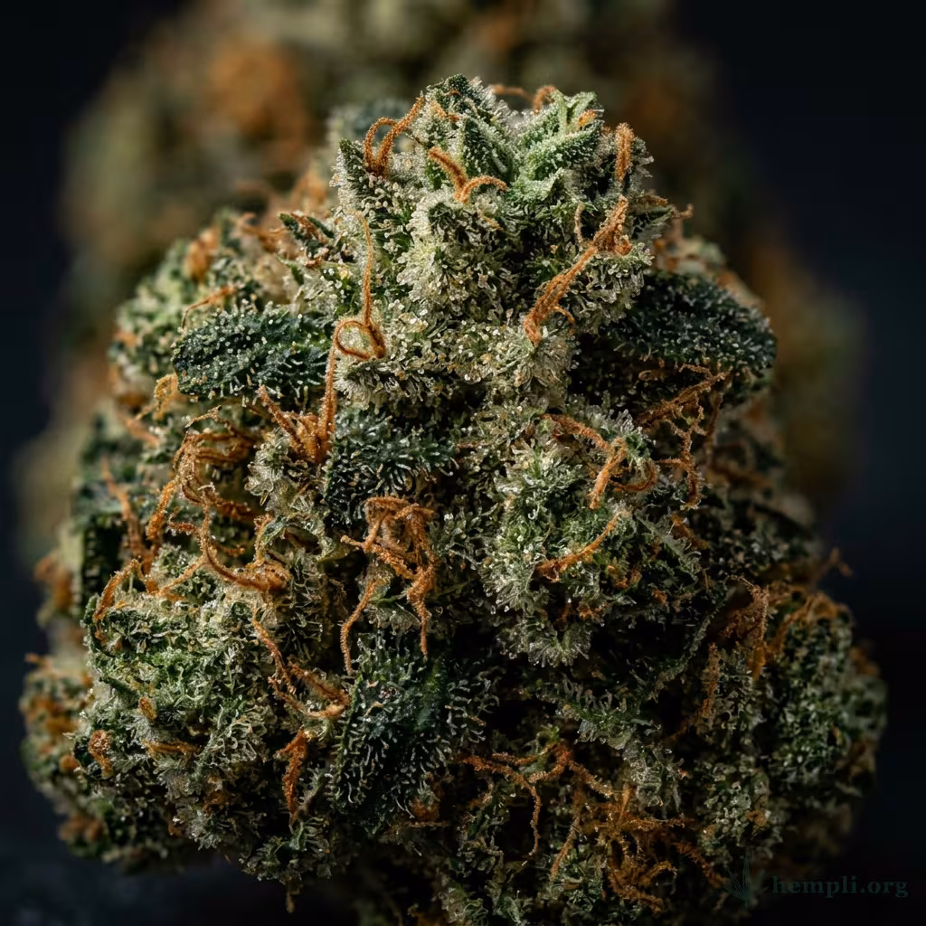 Nahaufnahme einer harzigen Skunk Kush-Blüte mit dichten Trichomen und orangefarbenen Blütenstempeln