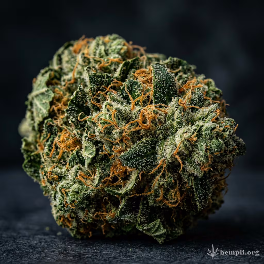 Nahaufnahme einer harzigen Skunk XL-Blüte mit dichten Trichomen und orangefarbenen Blütenstempeln