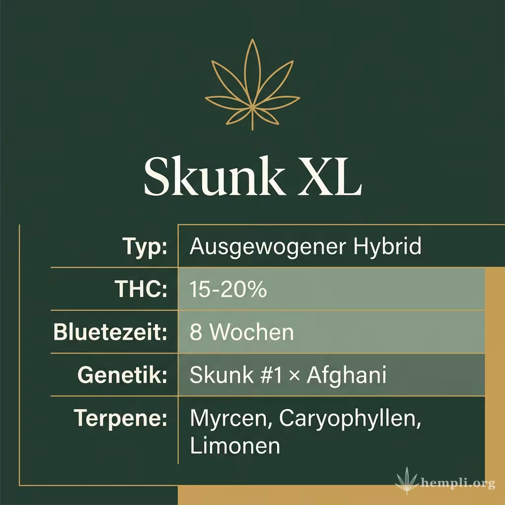 Infografik mit Skunk XL Key Facts: Typ Ausgewogener Hybrid, THC 15-20%, Bluetezeit 8 Wochen, Genetik Skunk #1 × Afghani und Terpene Myrcen, Caryophyllen, Limonen