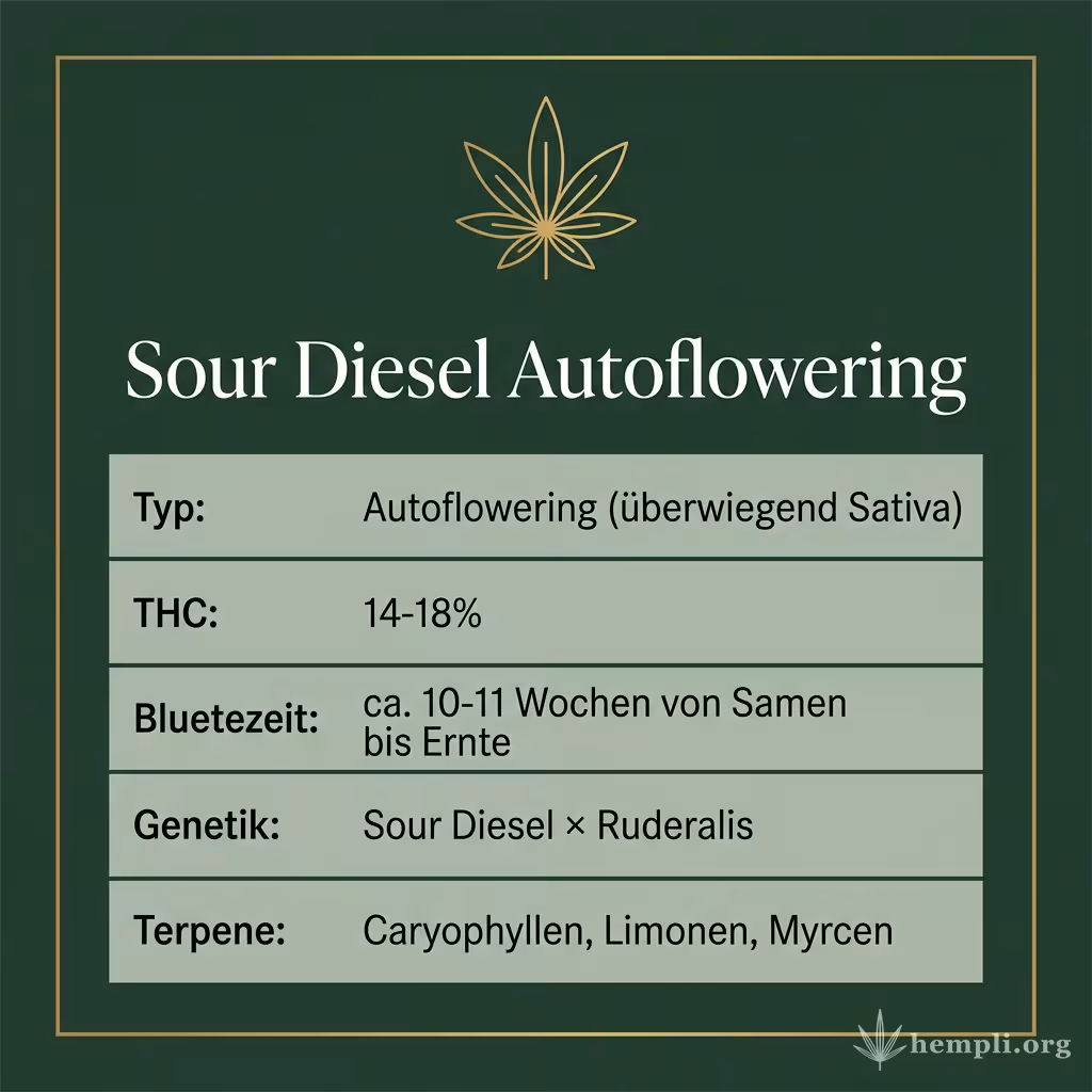 Infografik mit Sour Diesel Autoflowering Key Facts: Typ Autoflowering (überwiegend Sativa), THC 14-18%, Bluetezeit ca. 10-11 Wochen von Samen bis Ernte, Genetik Sour Diesel × Ruderalis und Terpene Caryophyllen, Limonen, Myrcen