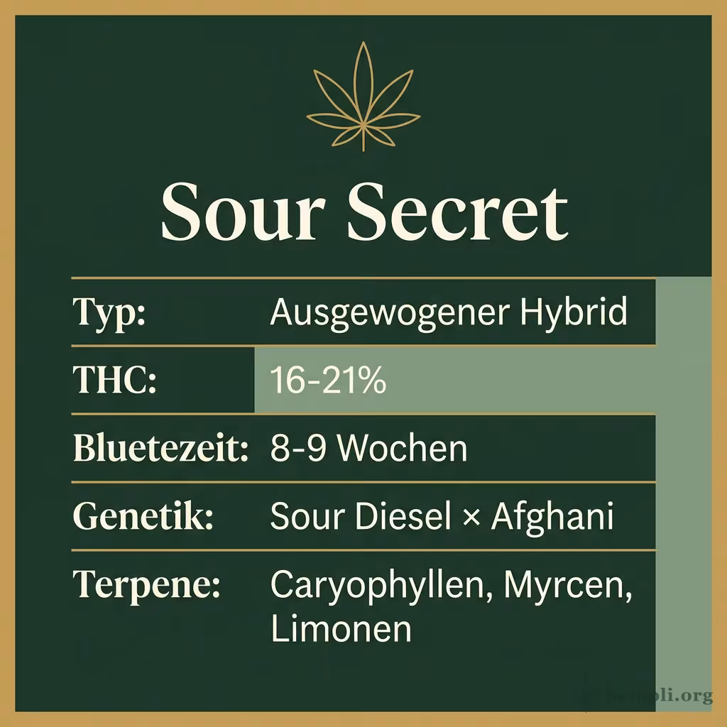 Infografik mit Sour Secret Key Facts: Typ Ausgewogener Hybrid, THC 16-21%, Bluetezeit 8-9 Wochen, Genetik Sour Diesel × Afghani und Terpene Caryophyllen, Myrcen, Limonen
