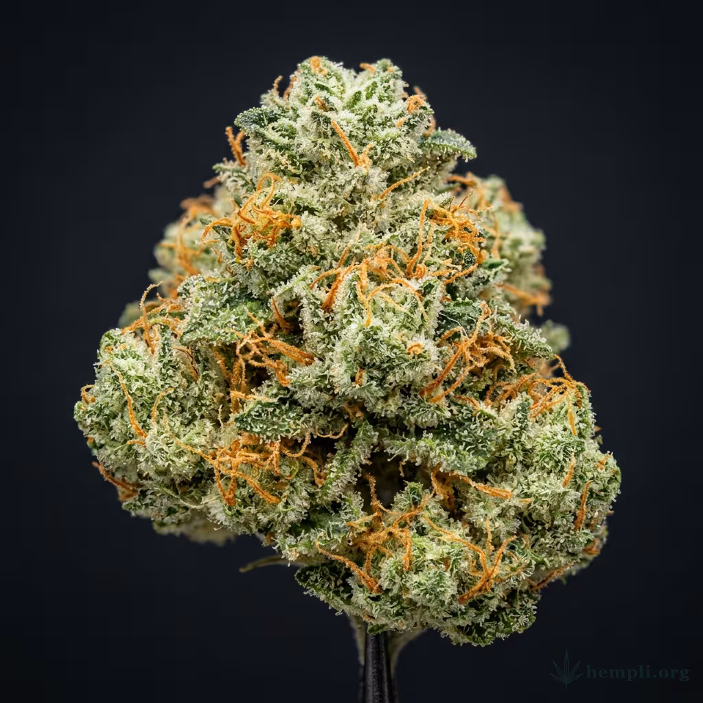 Nahaufnahme einer harzigen, hellgrünen Sour-Tangie-Blüte mit orangefarbenen Tönen und Blütenstempeln