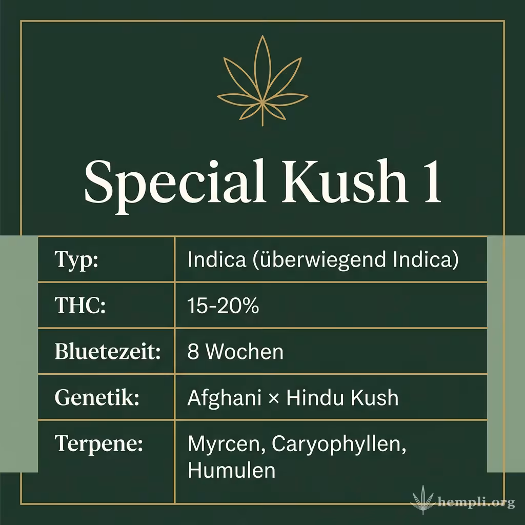 Infografik mit Special Kush 1 Key Facts: Typ Indica (überwiegend Indica), THC 15-20%, Bluetezeit 8 Wochen, Genetik Afghani × Hindu Kush und Terpene Myrcen, Caryophyllen, Humulen