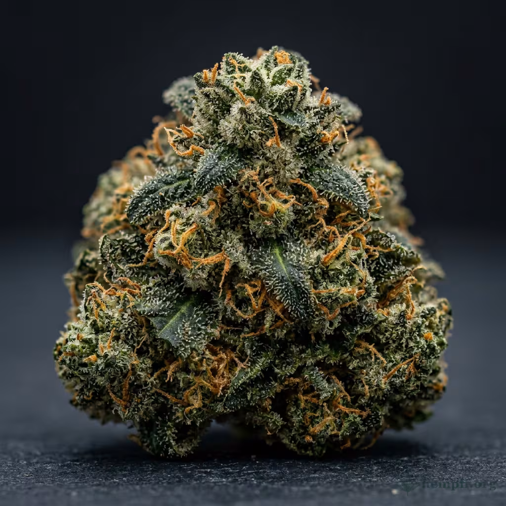 Nahaufnahme einer harzigen Special Kush-Blüte mit dichten Trichomen und orangefarbenen Blütenstempeln