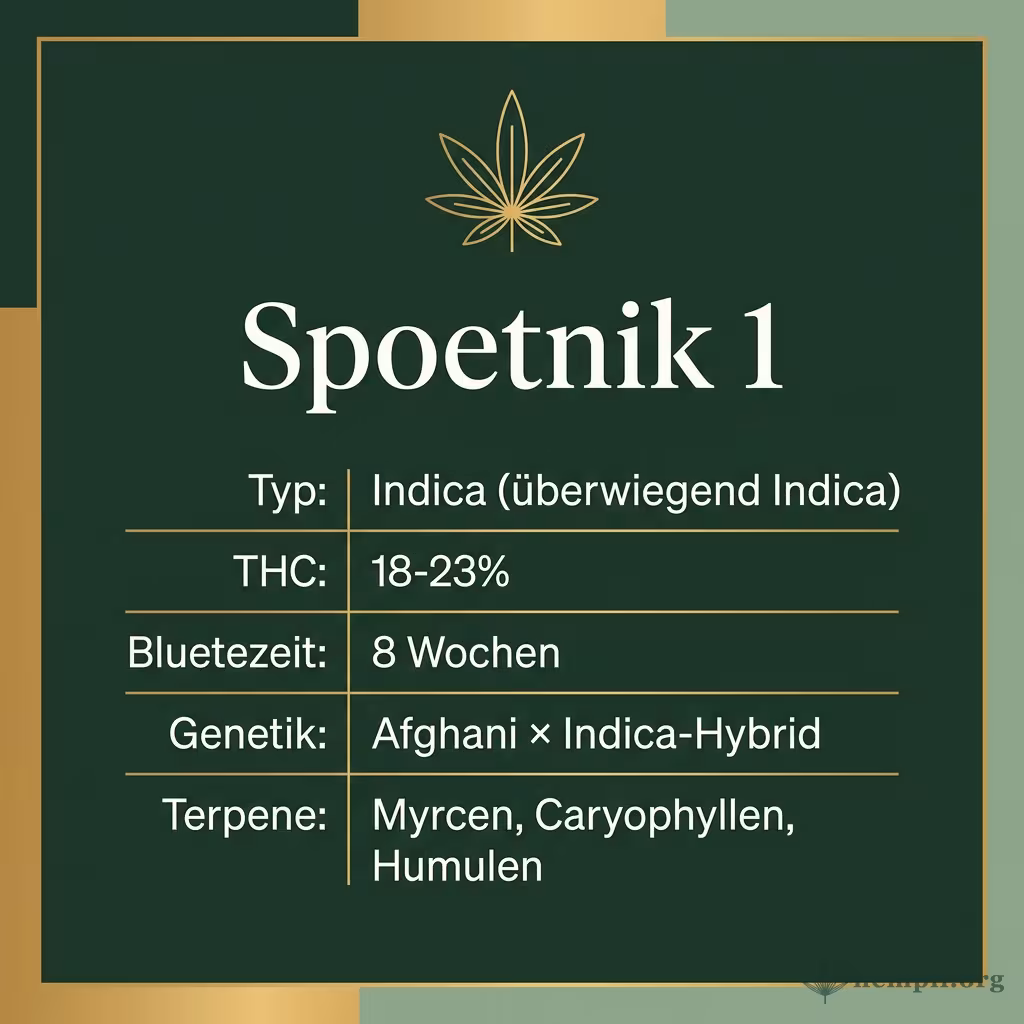 Infografik mit Spoetnik 1 Key Facts: Typ Indica (überwiegend Indica), THC 18-23%, Bluetezeit 8 Wochen, Genetik Afghani × Indica-Hybrid und Terpene Myrcen, Caryophyllen, Humulen