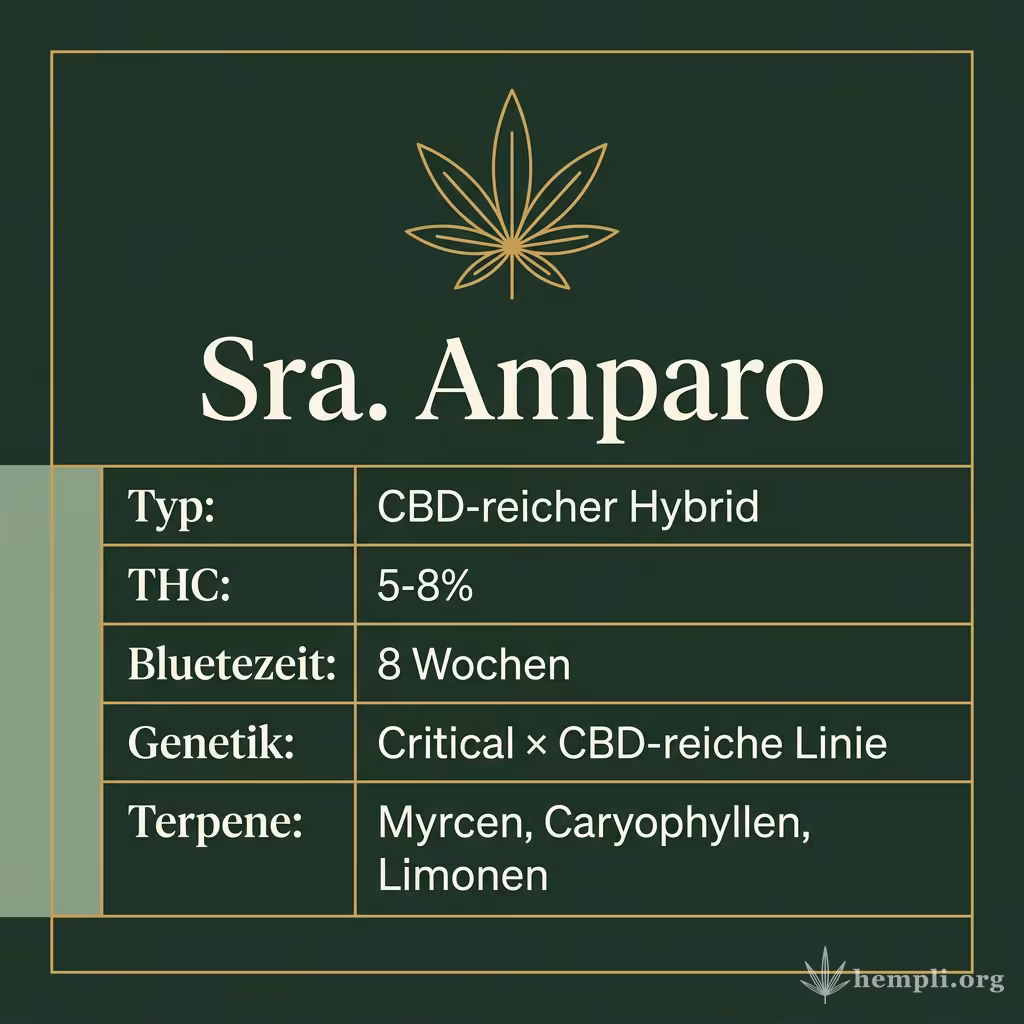Infografik mit Sra. Amparo Key Facts: Typ CBD-reicher Hybrid, THC 5-8%, Bluetezeit 8 Wochen, Genetik Critical × CBD-reiche Linie und Terpene Myrcen, Caryophyllen, Limonen