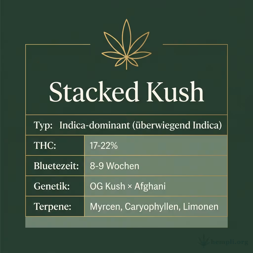 Infografik mit Stacked Kush Key Facts: Typ Indica-dominant (überwiegend Indica), THC 17-22%, Bluetezeit 8-9 Wochen, Genetik OG Kush × Afghani und Terpene Myrcen, Caryophyllen, Limonen