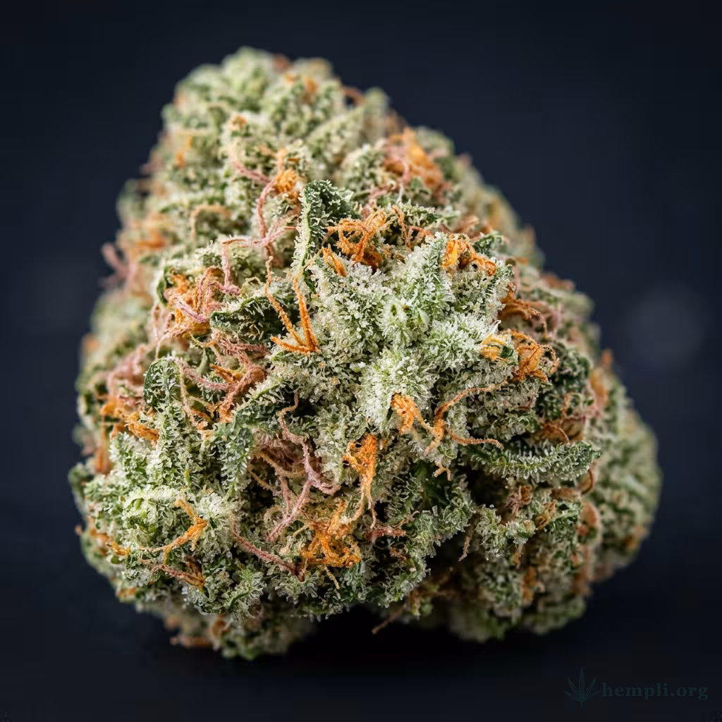 Nahaufnahme einer harzigen, hellgrünen Strawberry-Cough-Blüte mit rötlichen Tönen und orangefarbenen Blütenstempeln