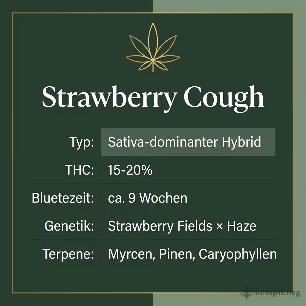 Infografik mit Strawberry-Cough Key Facts: Typ Sativa-dominant, THC 15-20%, Bluetezeit 9 Wochen, Genetik Strawberry Fields x Haze und Terpene Myrcen, Pinen, Caryophyllen