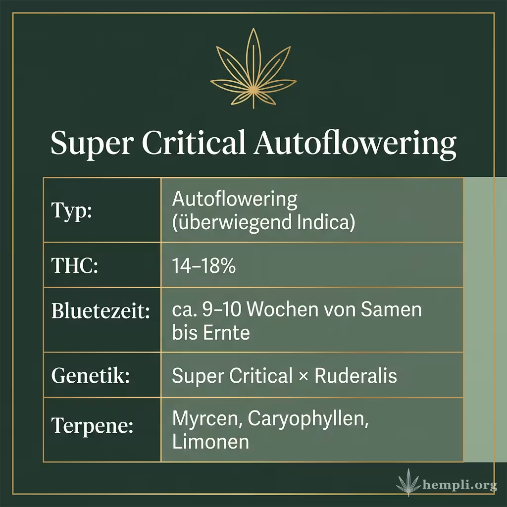 Infografik mit Super Critical Autoflowering Key Facts: Typ Autoflowering (überwiegend Indica), THC 14-18%, Bluetezeit ca. 9-10 Wochen von Samen bis Ernte, Genetik Super Critical × Ruderalis und Terpene Myrcen, Caryophyllen, Limonen