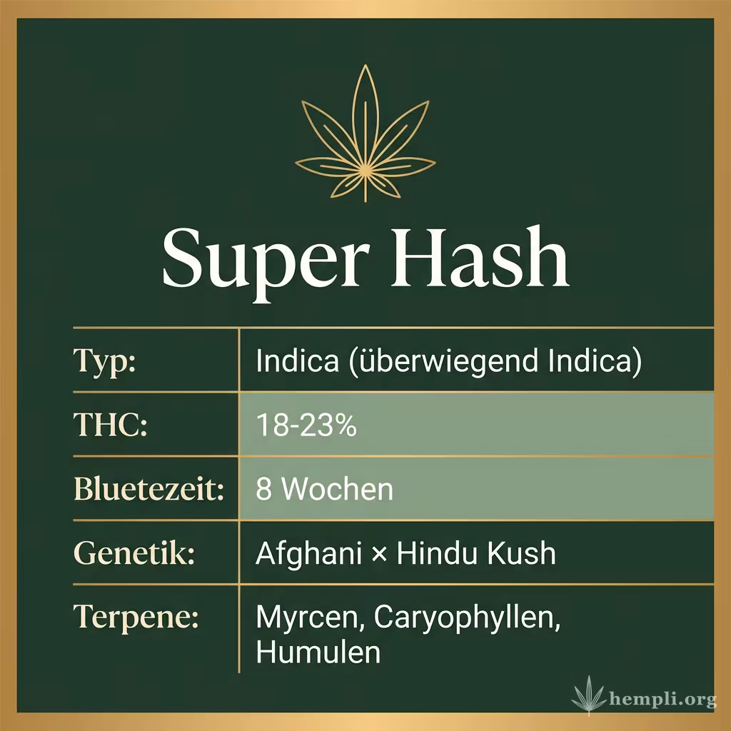 Infografik mit Super Hash Key Facts: Typ Indica (überwiegend Indica), THC 18-23%, Bluetezeit 8 Wochen, Genetik Afghani × Hindu Kush und Terpene Myrcen, Caryophyllen, Humulen