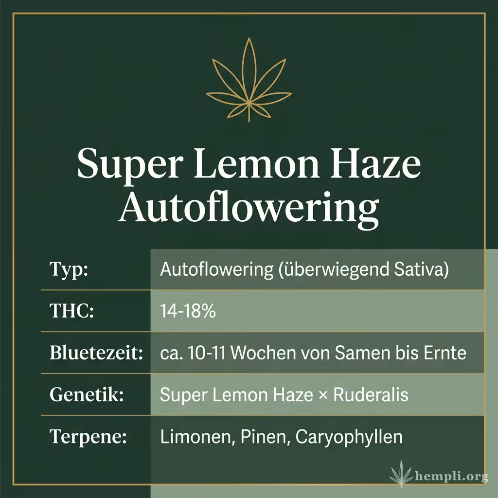 Infografik mit Super Lemon Haze Autoflowering Key Facts: Typ Autoflowering (überwiegend Sativa), THC 14-18%, Bluetezeit ca. 10-11 Wochen von Samen bis Ernte, Genetik Super Lemon Haze × Ruderalis und Terpene Limonen, Pinen, Caryophyllen