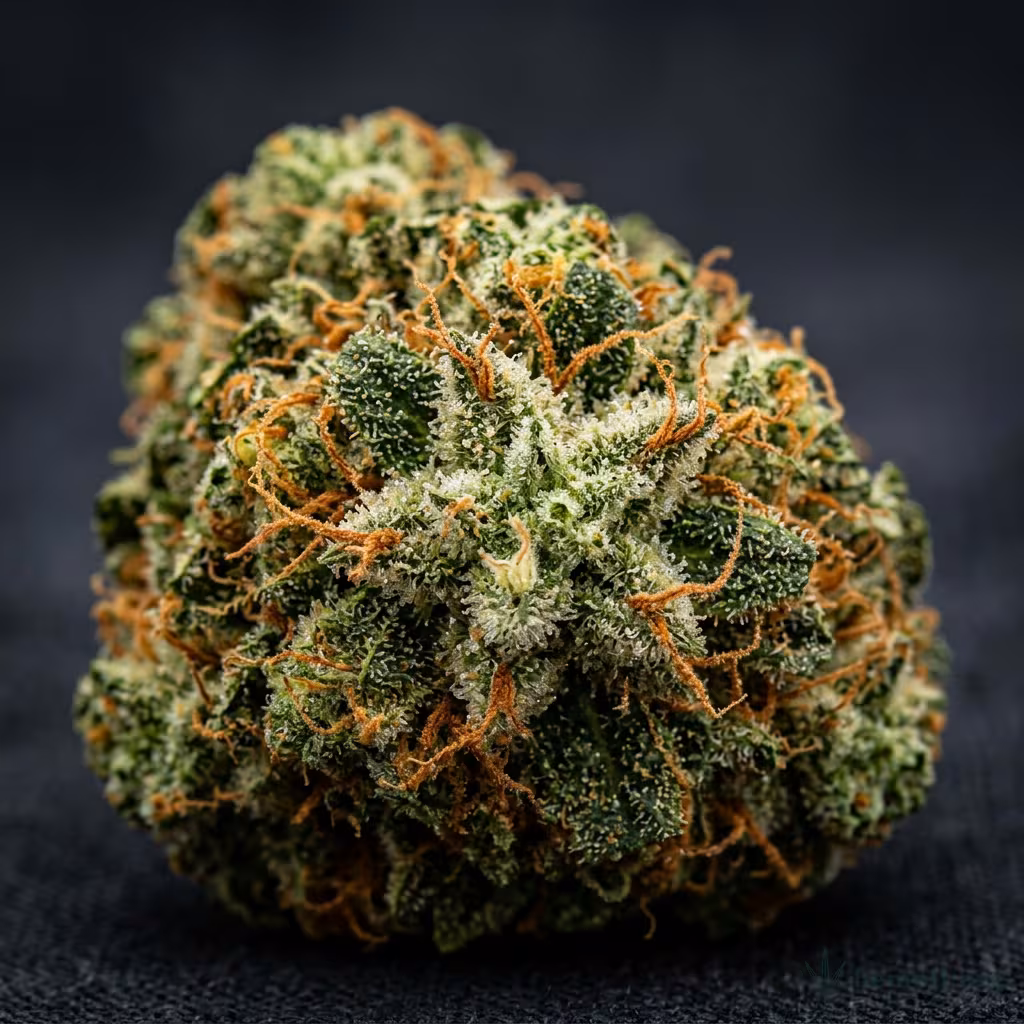 Nahaufnahme einer dichten, harzigen Super-Skunk-Blüte mit sattgrünen Tönen und orangefarbenen Blütenstempeln
