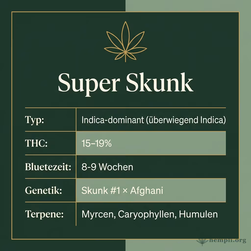 Infografik mit Super-Skunk Key Facts: Typ Indica-dominant, THC 15-19%, Bluetezeit 8-9 Wochen, Genetik Skunk 1 x Afghani und Terpene Myrcen, Caryophyllen, Humulen