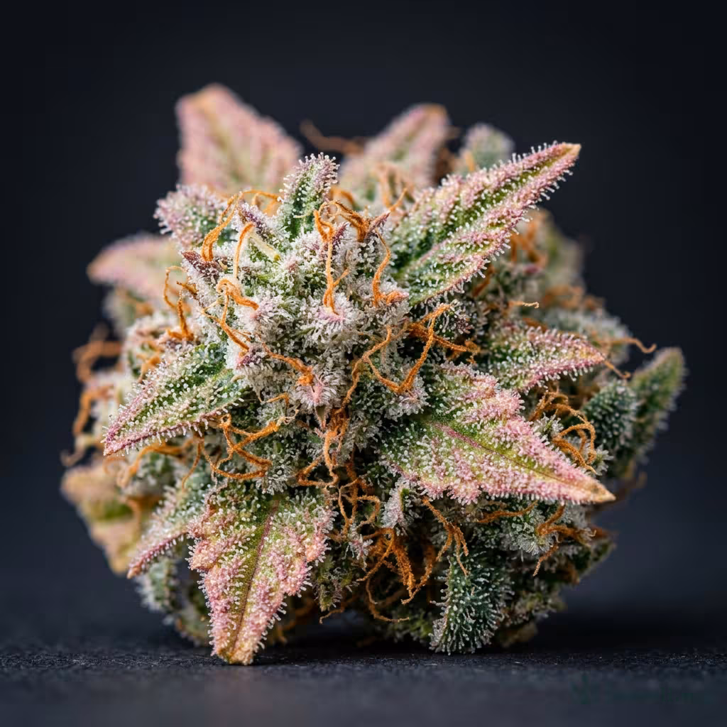 Nahaufnahme einer harzigen Sweet Candy Autoflowering-Blüte mit dichten Trichomen und orangefarbenen Blütenstempeln