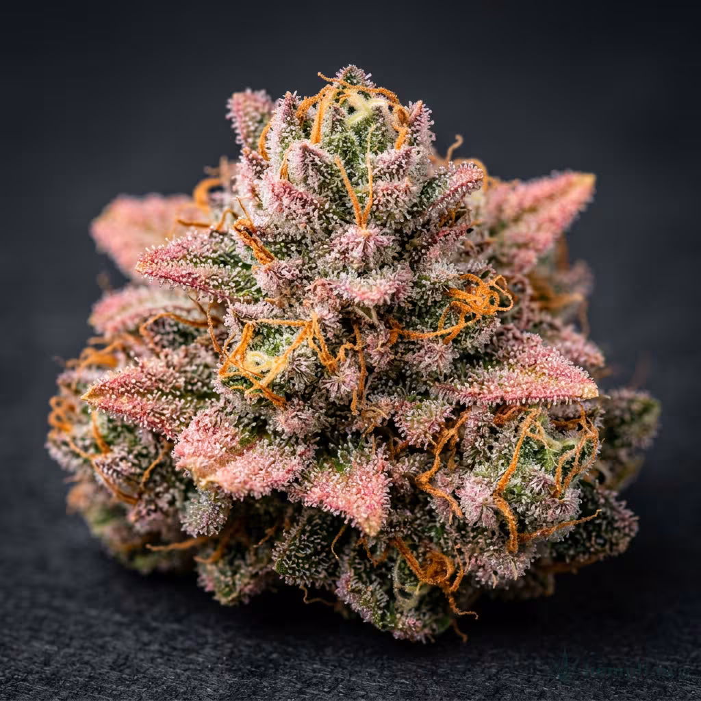 Nahaufnahme einer harzigen Sweet Candy-Blüte mit dichten Trichomen und orangefarbenen Blütenstempeln