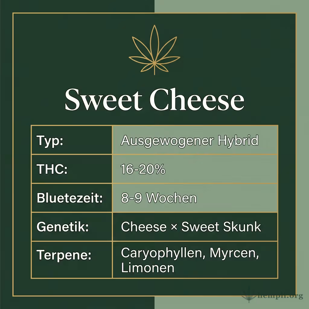 Infografik mit Sweet Cheese Key Facts: Typ Ausgewogener Hybrid, THC 16-20%, Bluetezeit 8-9 Wochen, Genetik Cheese × Sweet Skunk und Terpene Caryophyllen, Myrcen, Limonen